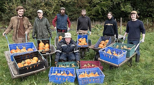 Menschengruppe mit Körben voll mit Kürbissenbeim FSJ im "Newton Dee" Camphill in Schottland