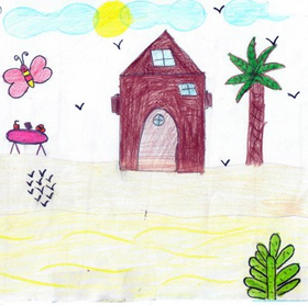 Gemaltes Bild eines Kindes in Gaza mit Haus, Baum, Sonne, Schmetterling
