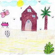 Gemaltes Bild eines Kindes in Gaza mit Haus, Baum, Sonne, Schmetterling