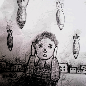 Emergency and trauma pedagogy Gaza A painted picture shows a child covering its ears while bombs fall in the background.